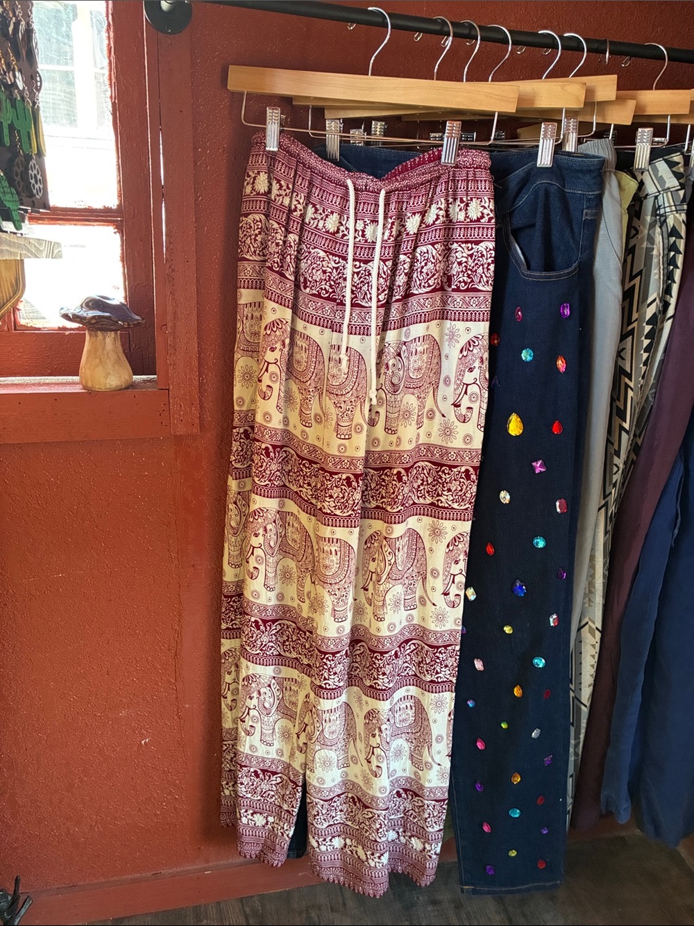 Bohemian Elephant Print Pants in Burgundy and Cream